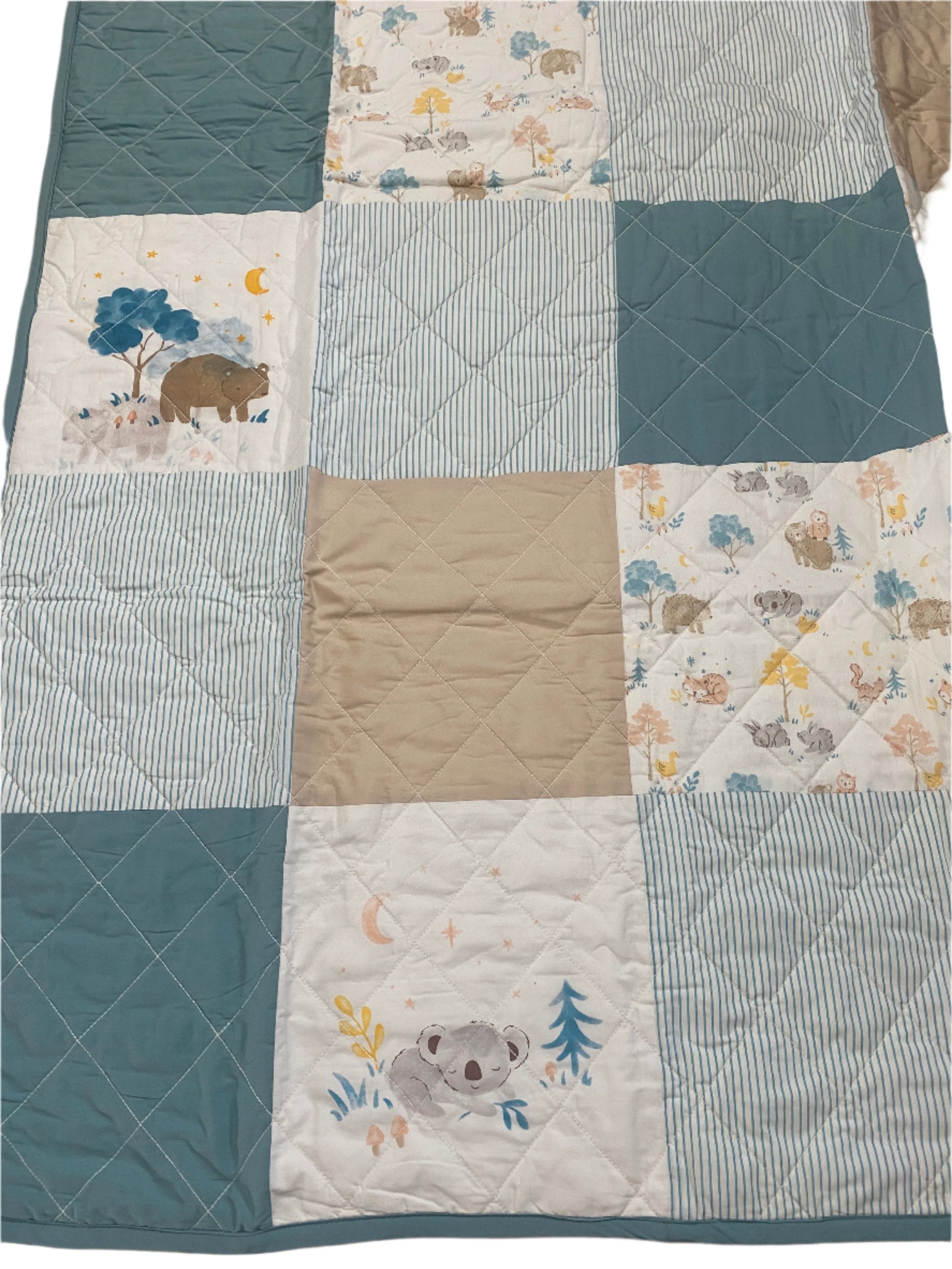 Blue quilted patchwork Reversible blanket with woodland animals print