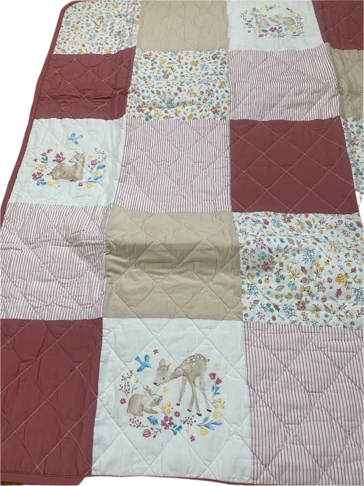 Blush quilted patchwork Reversible blanket with woodland animals print